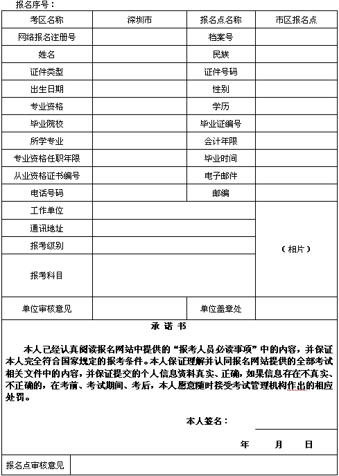 廣東深圳2015年初、中、高級會計師考試網(wǎng)上報名考生信息表