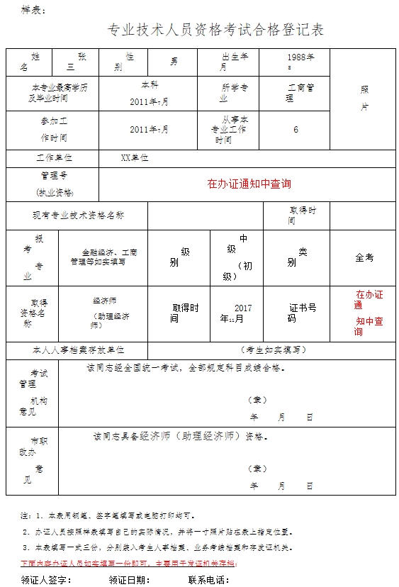 經(jīng)濟專業(yè)技術(shù)資格考試合格人員登記表