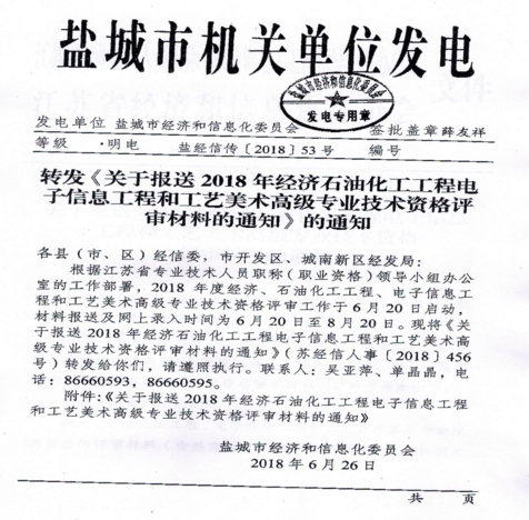 關(guān)于報送2018年經(jīng)濟、石油化工、工程電子信息、工程和工業(yè)、美術(shù)高級專業(yè)技術(shù)資格評審材料的通知