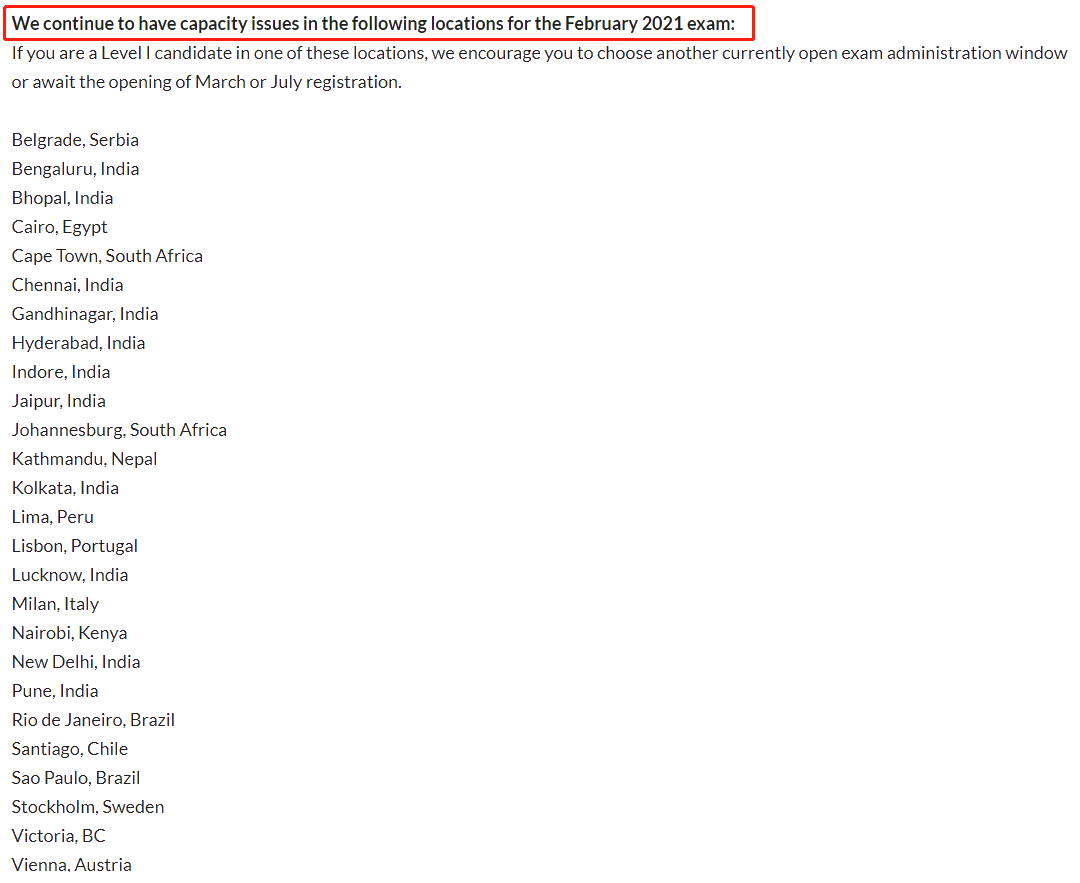 2021年2月CFA考生注意 這些考點已關閉考場預約！