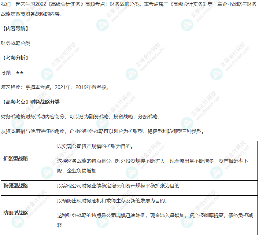 2022《高級會計實務(wù)》高頻考點：財務(wù)戰(zhàn)略分類