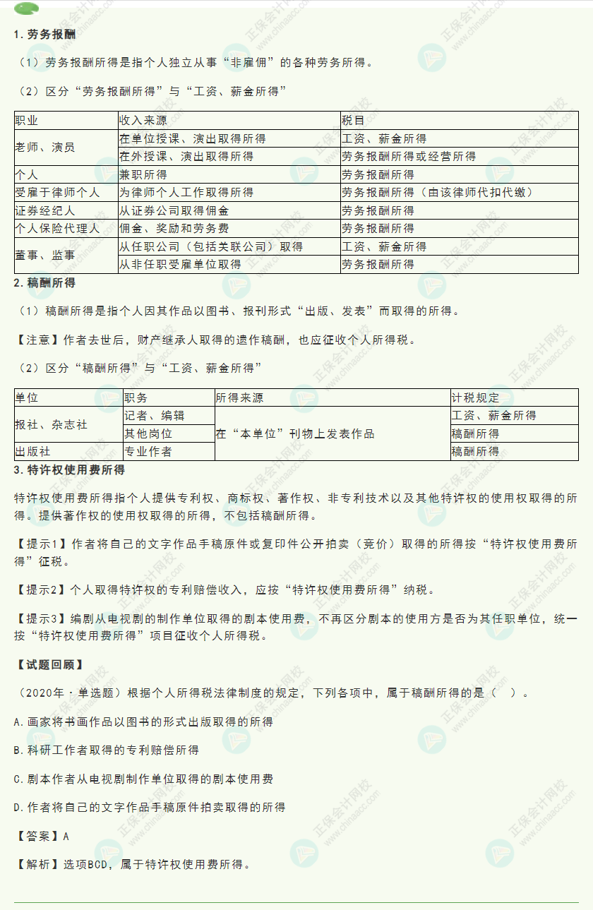 2022初級《經(jīng)濟法基礎(chǔ)》高頻考點:勞務(wù)報酬、稿酬、特許權(quán)使用費所得