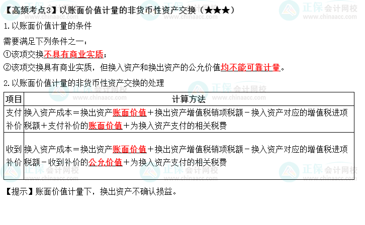 2022中級《中級會計(jì)實(shí)務(wù)》高頻考點(diǎn)：以賬面價(jià)值計(jì)量的非貨幣性資產(chǎn)交換（★★★）