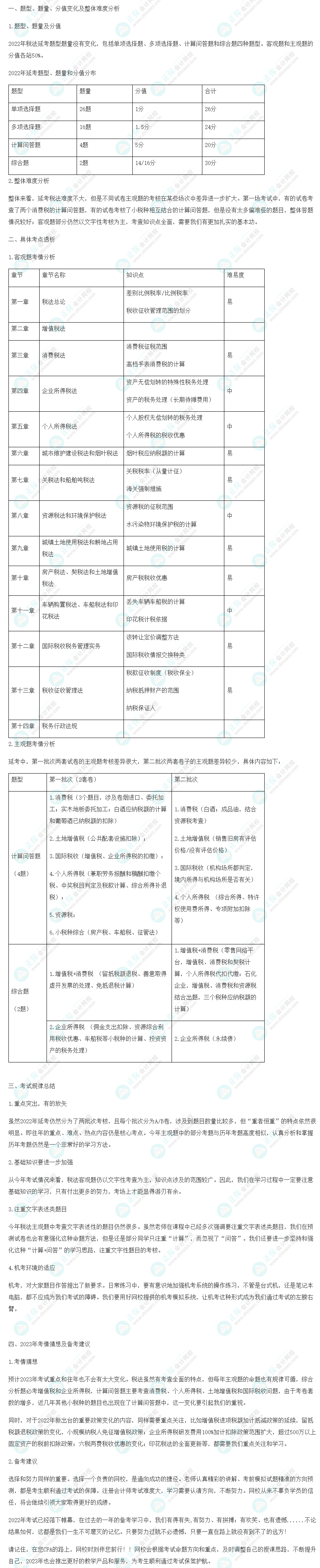 2022年注會《稅法》延考考情分析及2023年考情猜想