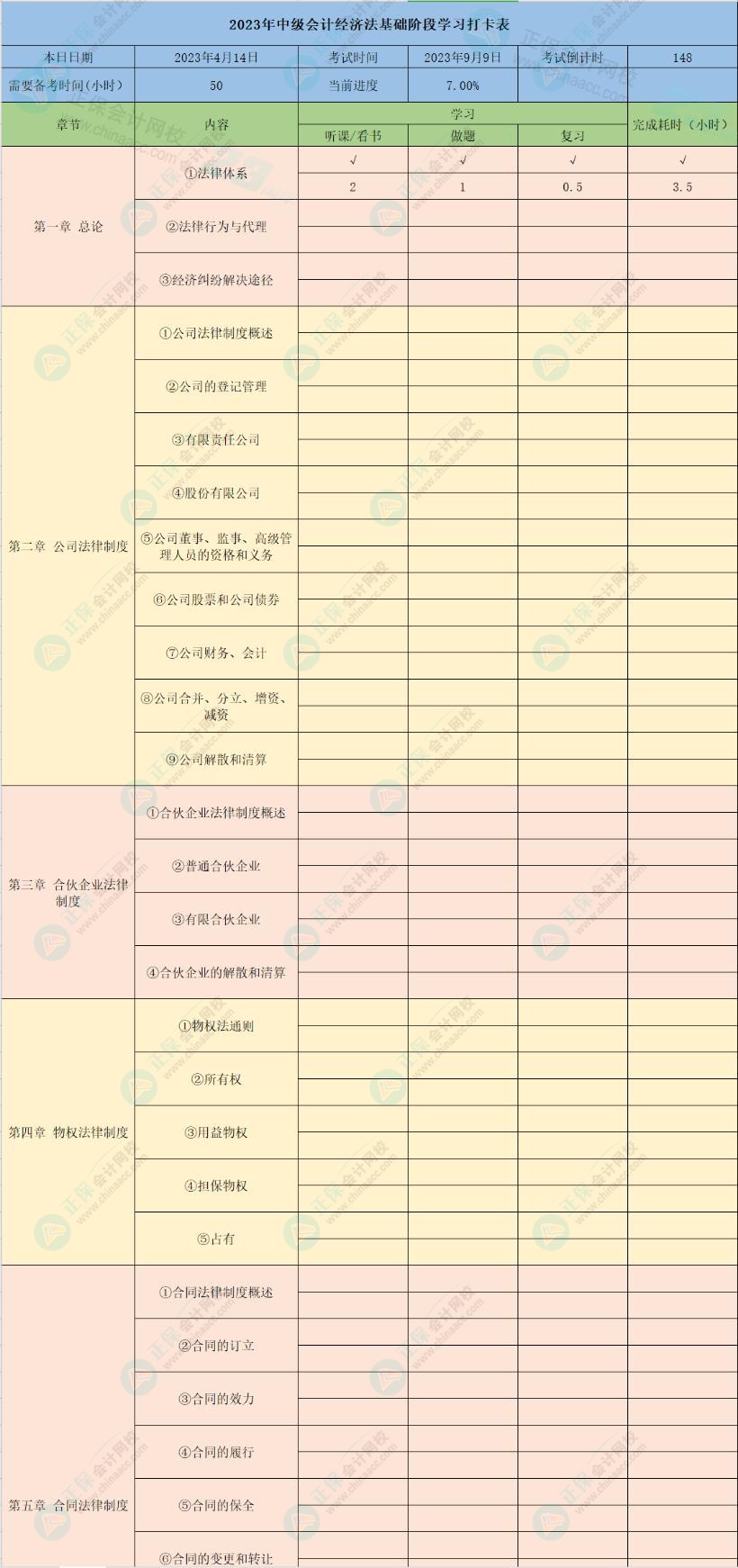 2023年中級會計經(jīng)濟法8章學習打卡表