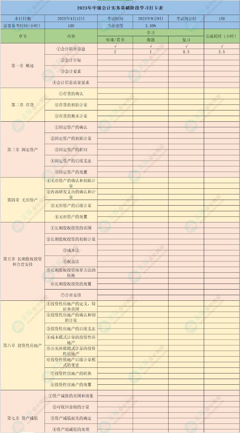 2023中級(jí)會(huì)計(jì)基礎(chǔ)備考學(xué)習(xí)計(jì)劃表+打卡表 