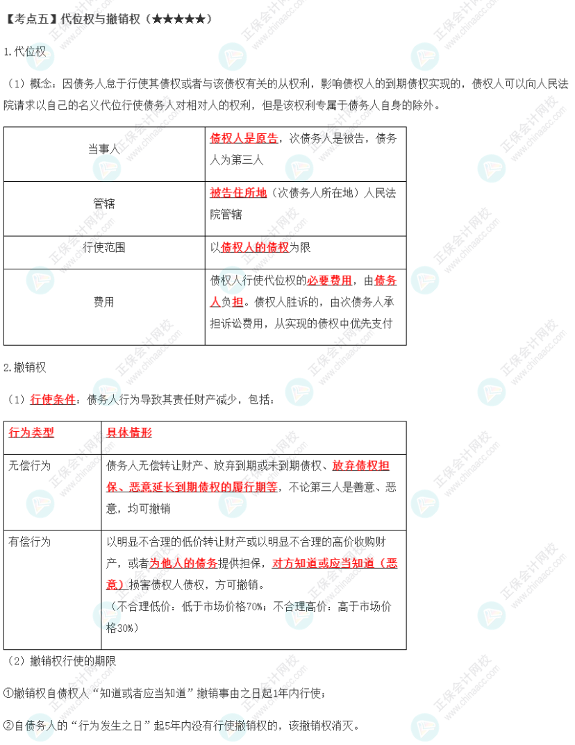 2023年注會《經(jīng)濟(jì)法》第4章高頻考點(diǎn)5：代位權(quán)與撤銷權(quán)