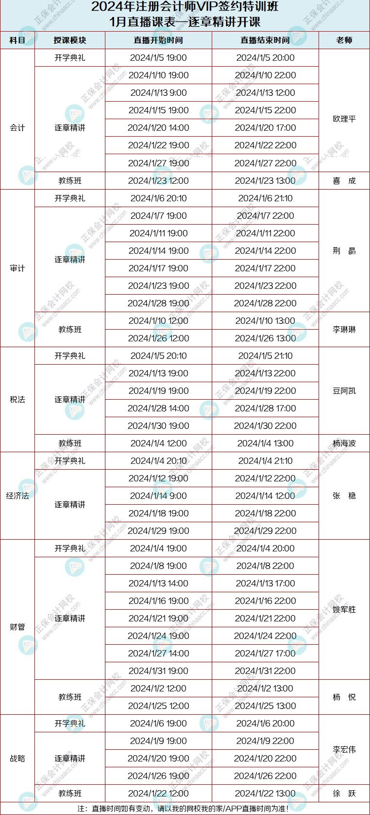 2024注會1月直播課表