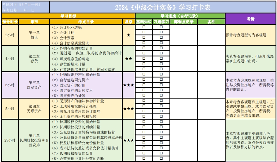 自律必備！2024年中級會計(jì)職稱學(xué)習(xí)打卡表 一鍵下載！