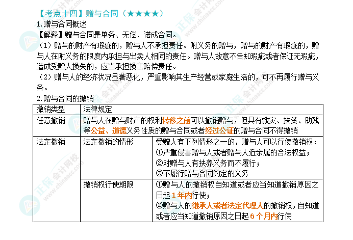 2024年注會《經(jīng)濟(jì)法》第4章高頻考點14：贈與合同