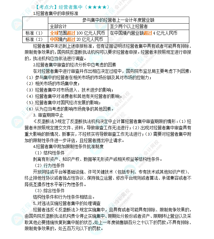 2024年注會《經(jīng)濟(jì)法》第11章高頻考點6：經(jīng)營者集中