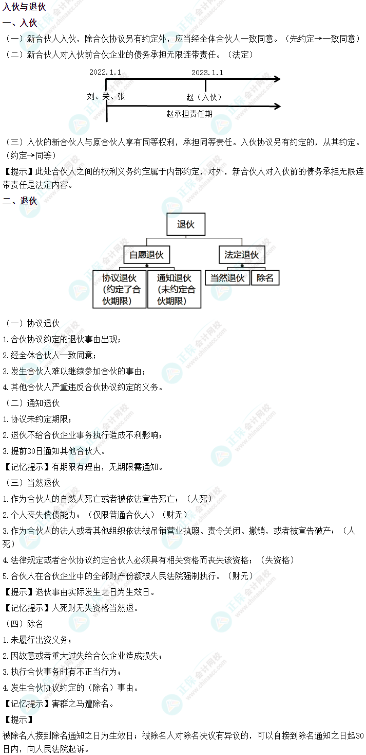 2024中級(jí)會(huì)計(jì)《經(jīng)濟(jì)法》必會(huì)考點(diǎn)-入伙與退伙