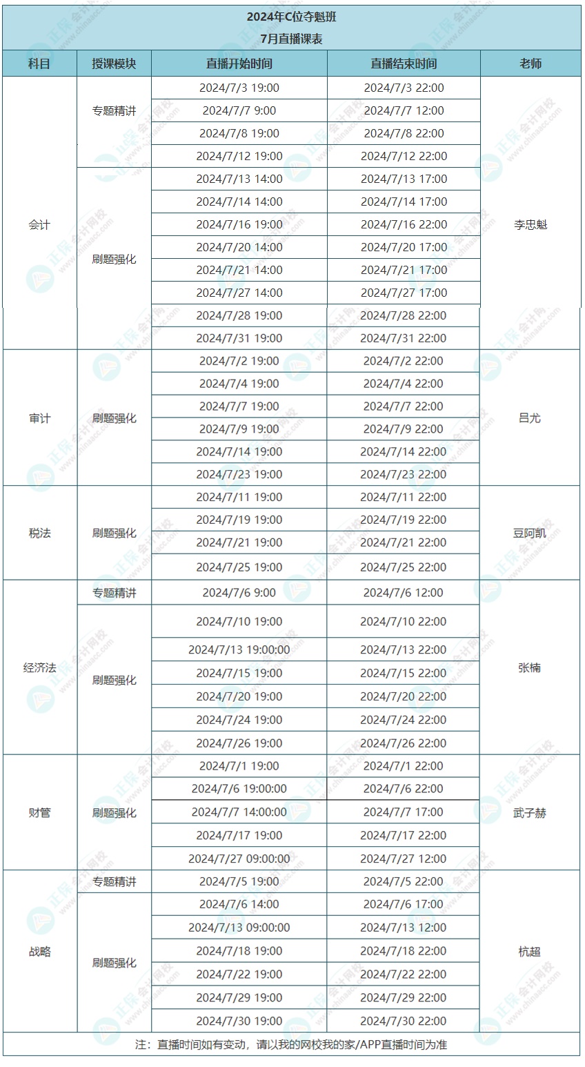 2024年注會C位奪魁班7月課表更新啦！速看上課時間~