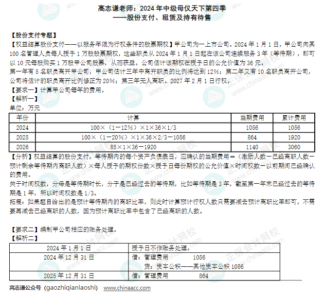 【答案】2024年《中級會計實務(wù)》母儀天下第四季-股份支付、租賃及持有待售