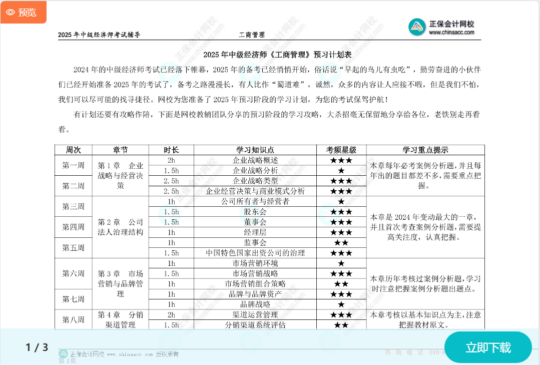 2025中級(jí)經(jīng)濟(jì)師《工商管理》預(yù)習(xí)計(jì)劃表