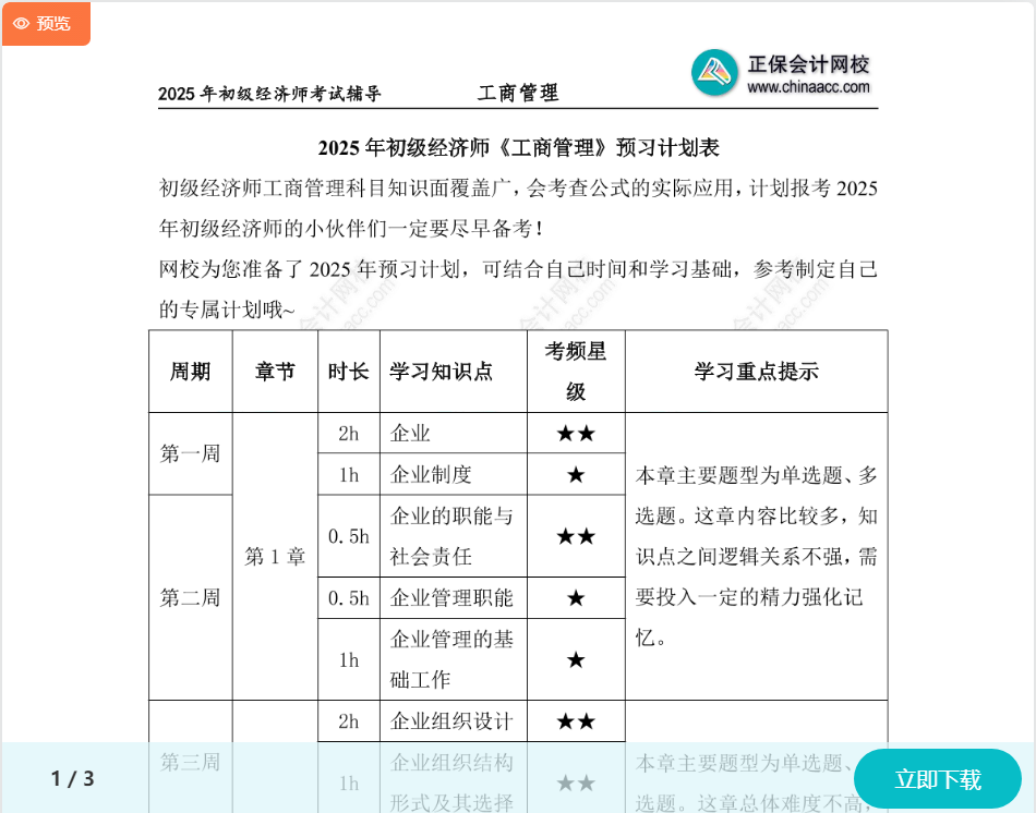 初級經(jīng)濟師《工商管理》預(yù)習(xí)計劃表 